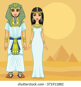 Animation Egyptian family in ancient clothes. Full growth. Background - the desert and pyramids.