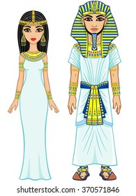 Animation Egyptian imperial family in ancient clothes. Full growth. Isolated on a white background.