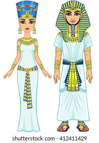 Animation Egyptian imperial family in ancient clothes. Full growth. Isolated on a white background.