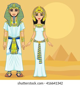 Animation Egyptian imperial family in ancient clothes. Full growth.  Background - the desert, the Egyptian pyramids.