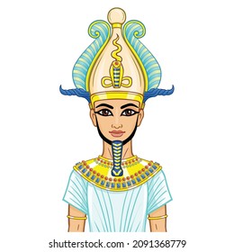 Animation Egyptian Pharaoh in the divine crown with horns and feathers. Vector illustration isolated on a white background.