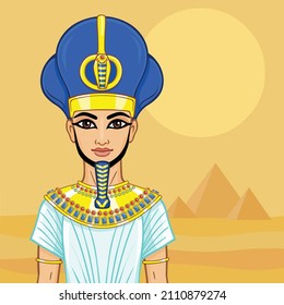 Animation Egyptian Pharaoh in the military crown. Vector illustration. Background - desert landscape, pyramids.