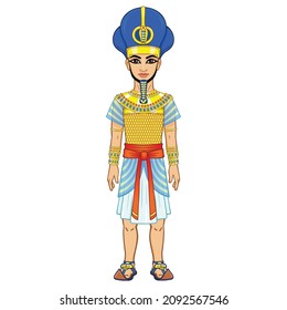Animation Egyptian Pharaoh n the military crown and armor.  Full growth.  Vector illustration isolated on a white background.