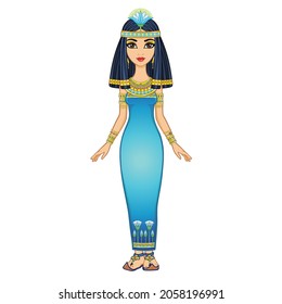 Animation Egyptian princess in ancient clothes and gold jewelry. Queen, goddess, princess . Full growth. Vector illustration isolated on a white background.