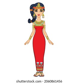 Animation Egyptian princess in ancient clothes and gold jewelry. Hair locon of youth. Queen, goddess, princess. Full growth. Vector illustration isolated on a white background.