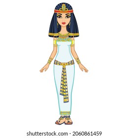 Animation Egyptian princess in ancient clothes and gold jewelry. Queen, goddess, princess. Full growth. Vector illustration isolated on a white background.