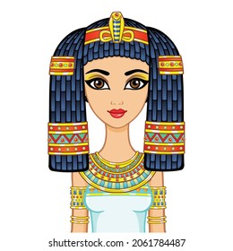 Animation Egyptian princess in ancient clothes and wig, gold jewelry. Queen, goddess, princess. Vector illustration isolated on a white background.