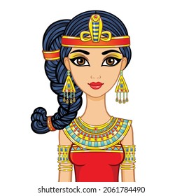 Animation Egyptian princess in ancient clothes and gold jewelry. Hair locon of youth. Queen, goddess, princess. Vector illustration isolated on a white background.