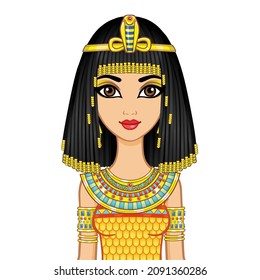 Animation Egyptian princess in ancient clothes and wig, gold jewelry. Queen, goddess, princess. Vector illustration isolated on a white background.
