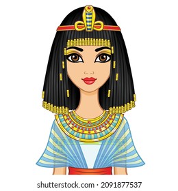 Animation Egyptian princess in ancient clothes and wig, gold jewelry. Queen, goddess, princess. Vector illustration isolated on a white background.