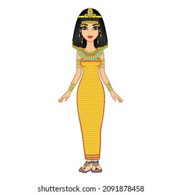 Animation Egyptian princess in ancient clothes and gold jewelry. Queen, goddess, princess . Full growth. Vector illustration isolated on a white background.