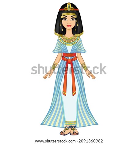 Animation Egyptian princess in ancient clothes and wig, gold jewelry. Queen, goddess, princess. Full growth. Vector illustration isolated on a white background.