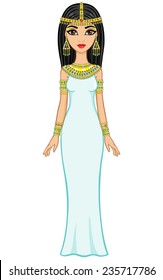 Animation Egyptian princess in gold jewelry, isolated. Full length vector portrait.