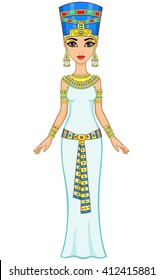 Animation Egyptian princess in gold jewelry.  Queen Nefertiti. Full growth. The vector illustration isolated on a white background.