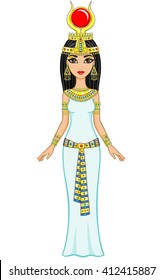 Animation Egyptian princess in gold jewelry. Goddess Isida. Full growth. The vector illustration isolated on a white background.