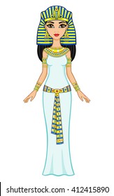 Animation Egyptian princess in gold jewelry. Queen Cleopatra.  Full growth. The vector illustration isolated on a white background.