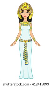 Animation Egyptian princess in gold jewelry.  Goddess Isida. Full growth. The vector illustration isolated on a white background.