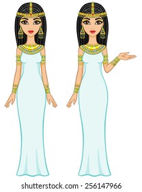 Animation Egyptian princesses in different poses. Full growth. Isolated on a white background.