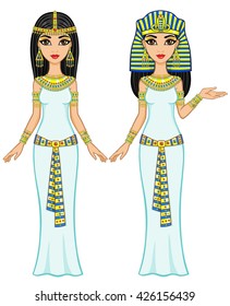 Animation Egyptian princesses in different poses. Full growth. The vector illustration isolated on a white background.