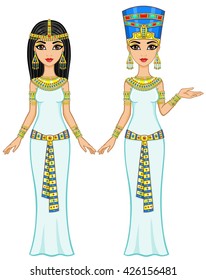 Animation Egyptian princesses in different poses. Full growth. The vector illustration isolated on a white background.