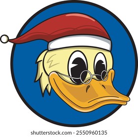 A Animation face with cartoon style Duck illustration wearing a hat of santaclause christmas for logo illustration 