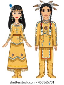 Animation family in clothes of the American Indians. Full growth. Vector illustration isolated on a white background.