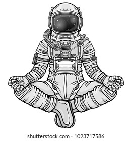 Animation figure of the astronaut sitting in Buddha pose. Meditation in space. Monochrome drawing. Vector illustration isolated on a white background. Print, poster, t-shirt, card.