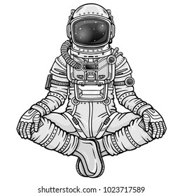 Animation figure of the astronaut sitting in Buddha pose. Meditation in space. Monochrome drawing. Vector illustration isolated on a white background. Print, poster, t-shirt, card.