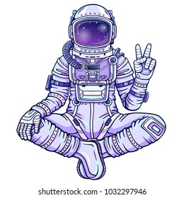 Animation figure of the astronaut sitting in Buddha pose. Meditation in space. Color drawing. Vector illustration isolated on a white background. Print, poster, t-shirt, card.