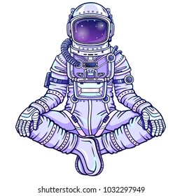 Animation figure of the astronaut sitting in Buddha pose. Meditation in space. Color drawing. Vector illustration isolated on a white background. Print, poster, t-shirt, card.
