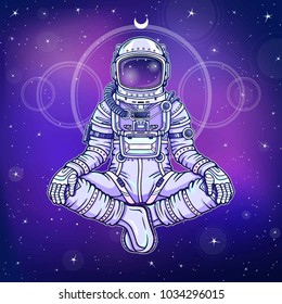 Animation figure of the astronaut sitting in Buddha pose. Meditation in space. Color drawing. Background - the night star sky. Vector illustration. Print, poster, t-shirt, card.