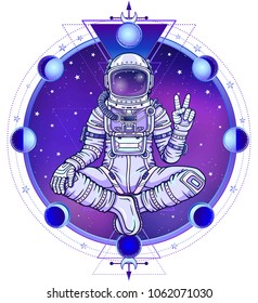 Animation figure of the astronaut sitting in Buddha pose. Meditation in space.Background - the night star sky, circle phase of the moon. Sacred geometry. Vector illustration.  Print, poster, t-shirt.