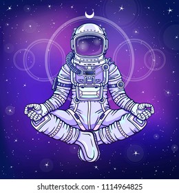 Animation figure of the astronaut sitting in Buddha pose. Meditation in space. Color drawing. Background - the night star sky. Vector illustration. Print, poster, t-shirt, card.