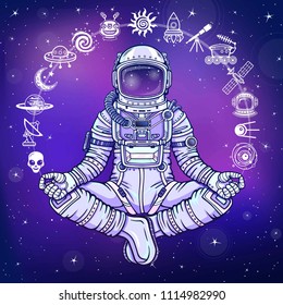 Animation figure of the astronaut sitting in Buddha pose. Meditation in space. Set of icons. Color drawing. Background - the night star sky. Vector illustration. Print, poster, t-shirt, card.