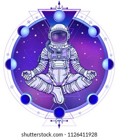 Animation figure of the astronaut sitting in Buddha pose. Meditation in space. Color drawing. Background - the night star sky, phases of the moon, sacred geometry. Vector illustration. Print, poster.