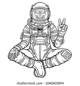 Animation figure of the astronaut skeleton sitting in Buddha pose. Gesture of a greeting. Linear monochrome drawing. Vector illustration isolated on a white background. Print, poster, t-shirt, card.