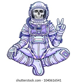 Animation figure of the astronaut skeleton sitting in Buddha pose. Meditation in space. Color drawing. Vector illustration isolated on a white background. Print, poster, t-shirt, card.