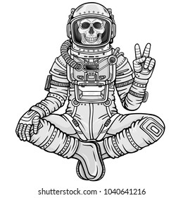 Animation figure the astronaut skeleton sitting in Buddha pose  Meditation in space  Monochrome drawing  Vector illustration isolated white background  Print  poster  t  shirt  card 