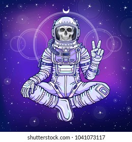Animation figure the astronaut skeleton sitting in Buddha pose  Meditation in space  Color drawing  Background    the night star sky  Vector illustration   Print  poster  t  shirt  card 