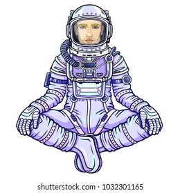 Animation figure of the man astronaut sitting in a Buddha pose. Meditation in space.  Color drawing. Vector illustration isolated on a white background.  Print, poster, t-shirt, card.