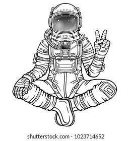 Animation figure of the sitting astronaut. Greeting. Meditation in space. Vector illustration isolated on a white background. Be use for coloring booke. Print, poster, t-shirt, card.