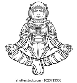 Animation figure of the woman of the astronaut sitting in Buddha pose. Meditation in space. Vector illustration isolated on a white background.Print, poster, t-shirt, card.