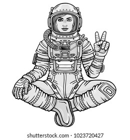 Animation figure of the woman astronaut sitting in Buddha pose. Meditation in space. Monochrome drawing. Vector illustration isolated on a white background. Print, poster, t-shirt, card.