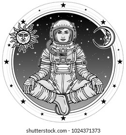 Animation figure of the woman astronaut sitting in Buddha pose. Meditation in space. Background - the night sky, symbols of the sun and moon.Vector illustration isolated. Print, poster, t-shirt, card.