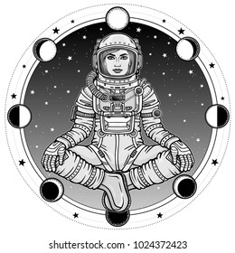 Animation figure of the woman astronaut sitting in Buddha pose. Meditation in space. Background - the night sky, phases of the moon.Vector illustration isolated. Print, poster, t-shirt, card.