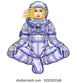 Animation figure of the woman astronaut sitting in a Buddha pose. Meditation in space.  Color drawing. Vector illustration isolated on a white background.  Print, poster, t-shirt, card.
