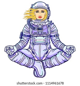 Animation figure of the woman astronaut sitting in a Buddha pose. Meditation in space.  Color drawing. Vector illustration isolated on a white background.  Print, poster, t-shirt, card.