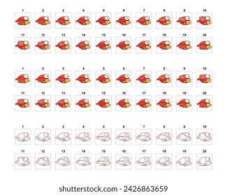 Animation of a flying bird frame by frame. Cartoon funny little bird in different styles for games.