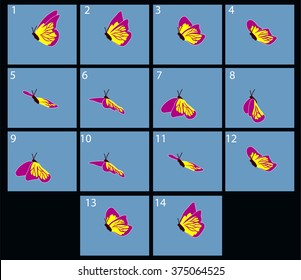 Animation of flying butterfly. Cartoon explosion frames