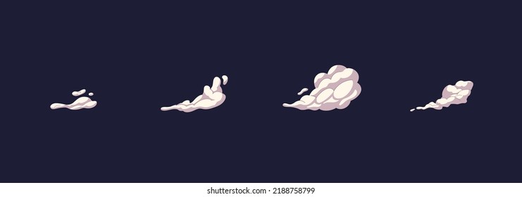 Animation Frame With Speed Motion Smoke Cloud. Explosion Sign. Comic Clouds, Steaming Smoke Flows. Smoke Silhouette Sprite Animation. Flat Vector Illustration